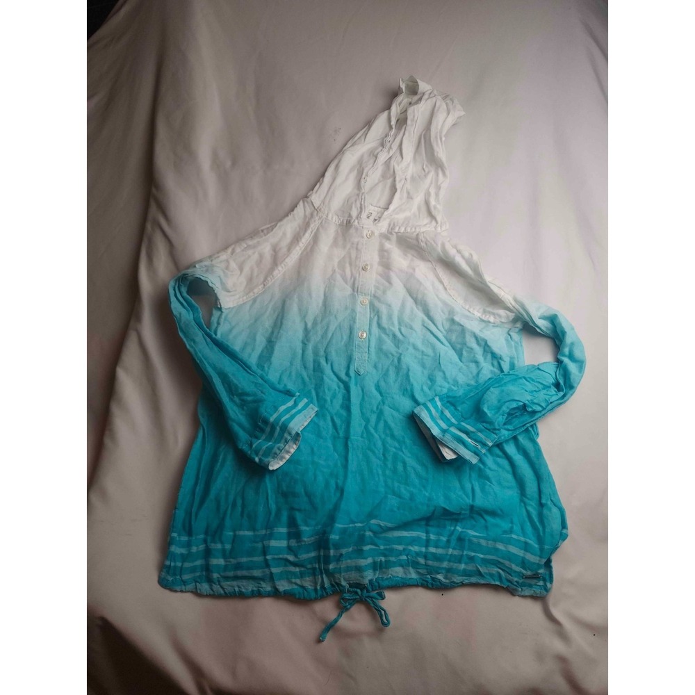 Hang Ten Top Womens Medium White Turquoise Ombre Woven Hooded Button Up Beach